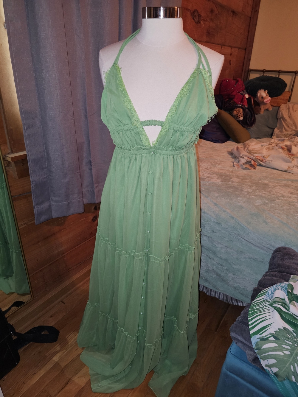 ASOS Bright Green Halter Maxi Dress with Lace Trim